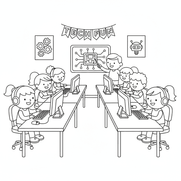 Computer lab with students typing and learning technology