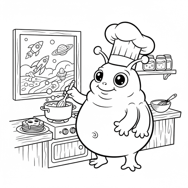 A cute blue alien creature cooking in kitchen with chef hat