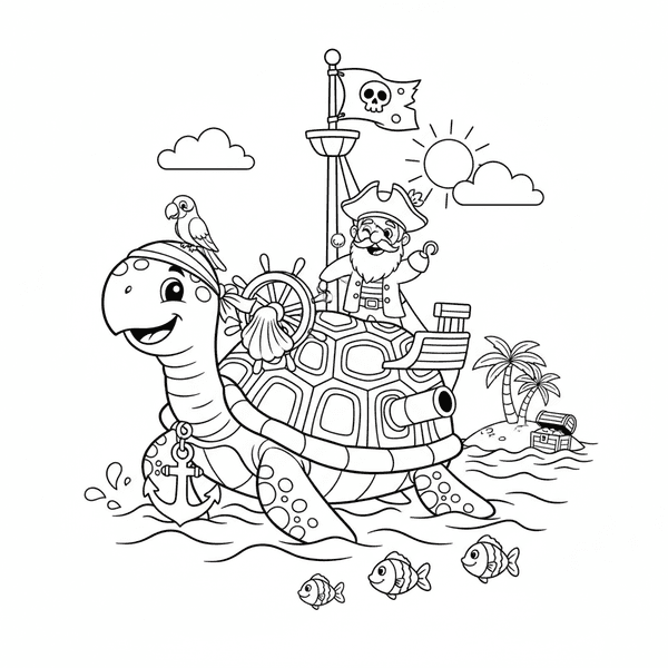Turtle pirate ship shell boat sailing adventure Coloring