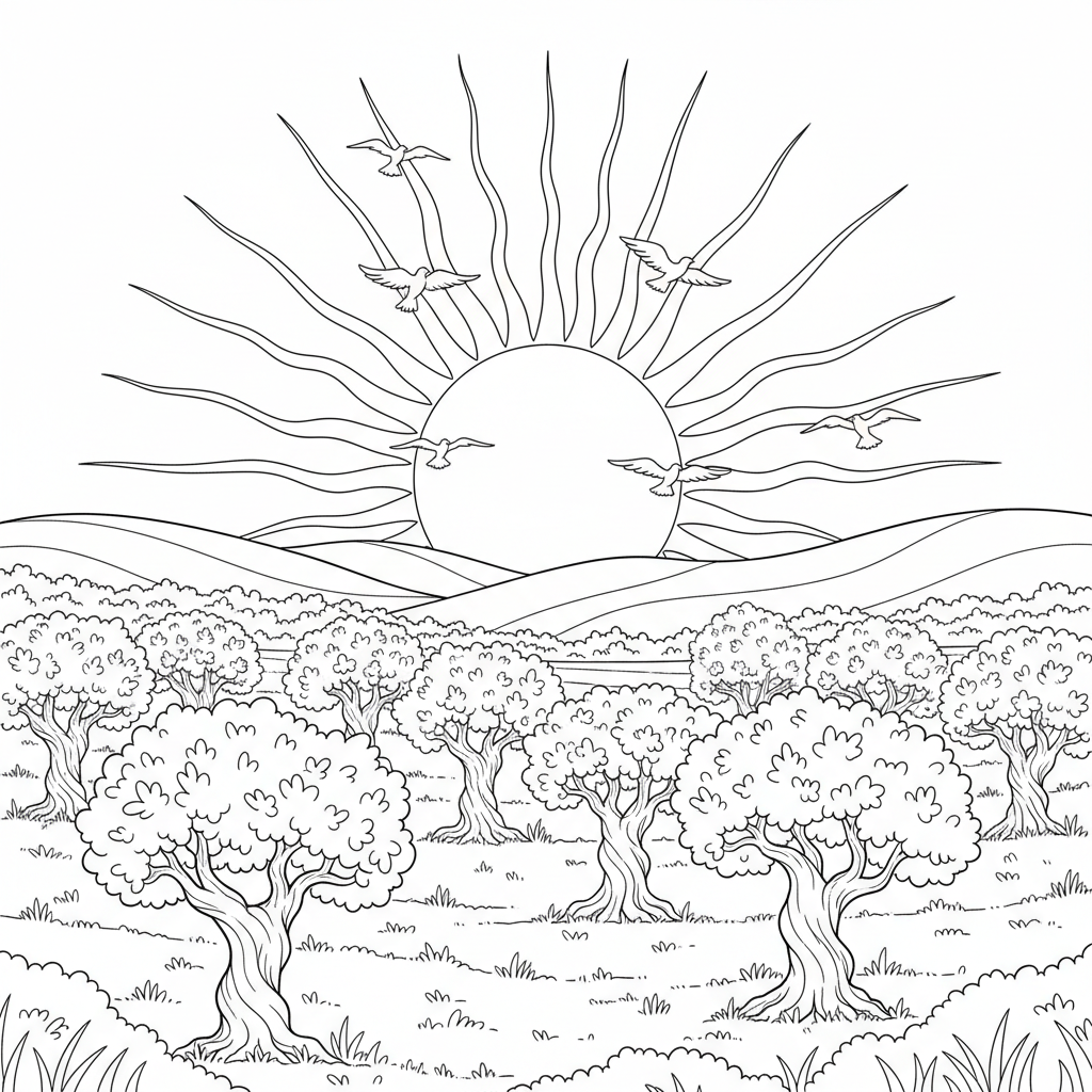 a field of olive trees and the sun and birds - Free Printable Coloring Page
