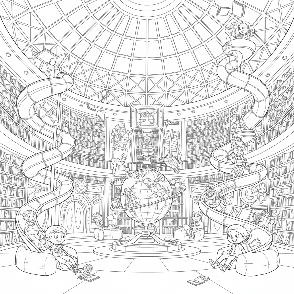 De bibliotheek uit de roman Ontsnapping uit de bibliotheek van meneer Lemoncello - Free Printable Coloring Page