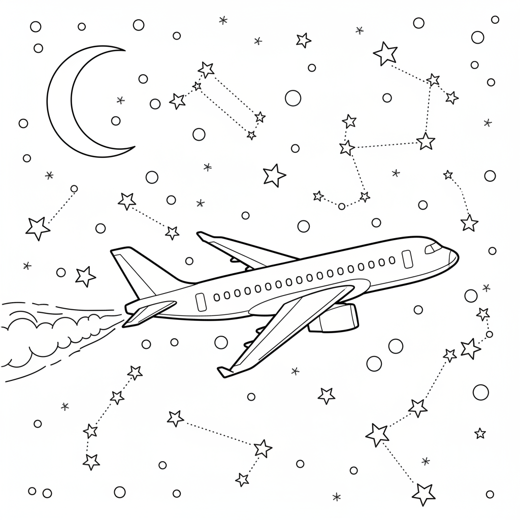 Airplane At Night With Stars - Free Printable Coloring Page
