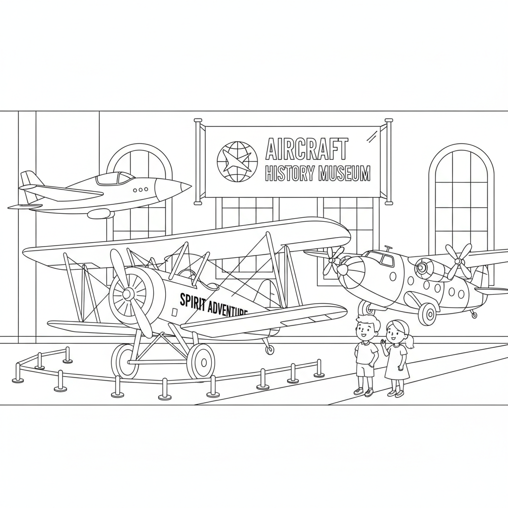 Airplane museum display with vintage aircraft collection - Free Printable Coloring Page