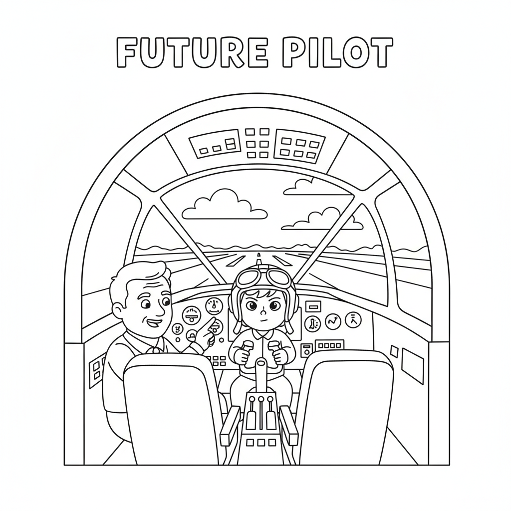 Airplane pilot training in flight simulator cockpit - Free Printable Coloring Page