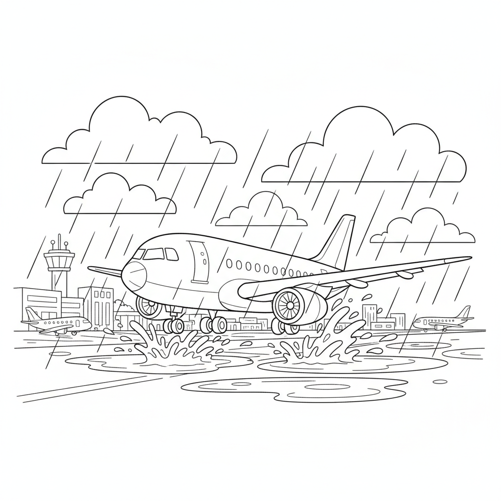 Airplane taxiing through puddles on rainy airport day - Free Printable Coloring Page