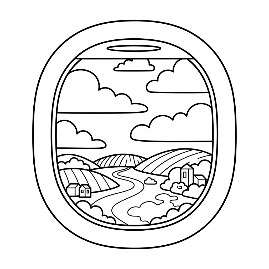 Airplane view from window showing clouds and earth below - Free Printable Coloring Page