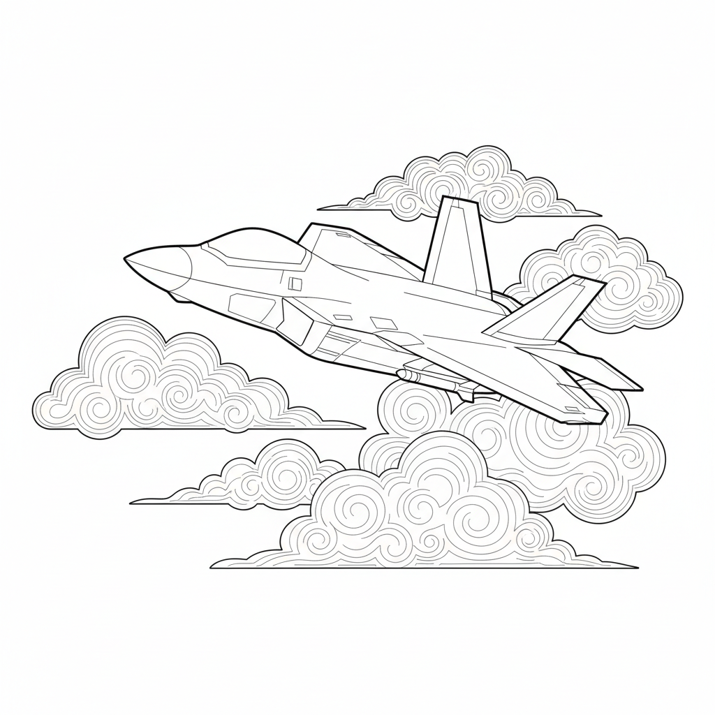 Avion de chasse dans les nuages - Coloriage gratuit à imprimer