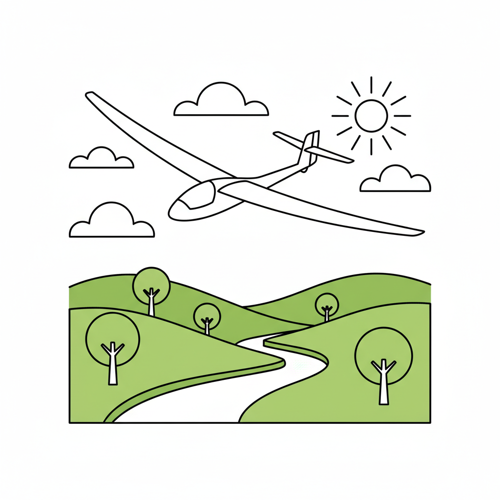 Glider airplane soaring silently over green valley - Free Printable Coloring Page