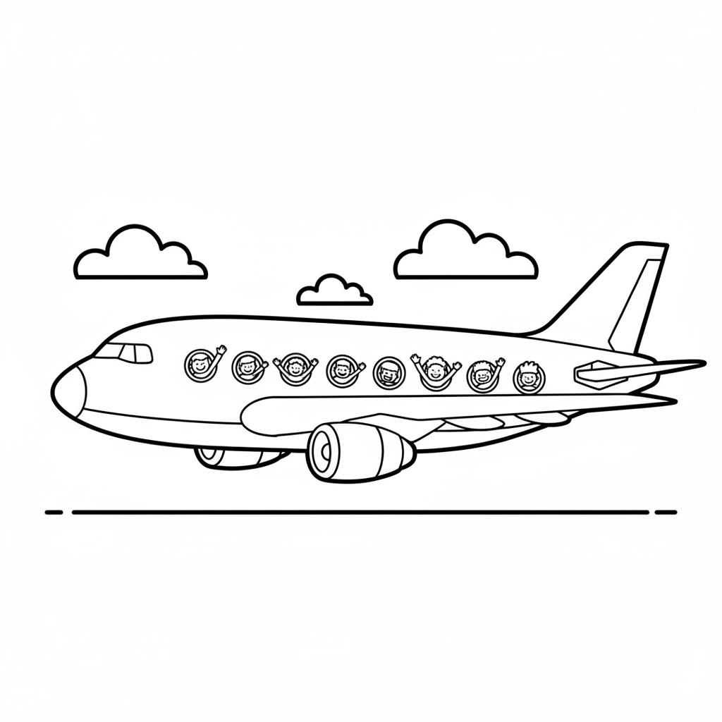 Jumbo jet airplane with passengers waving from windows - Free Printable Coloring Page Jumbo jet airplane with passengers waving from windows - Free Printable Coloring Page
