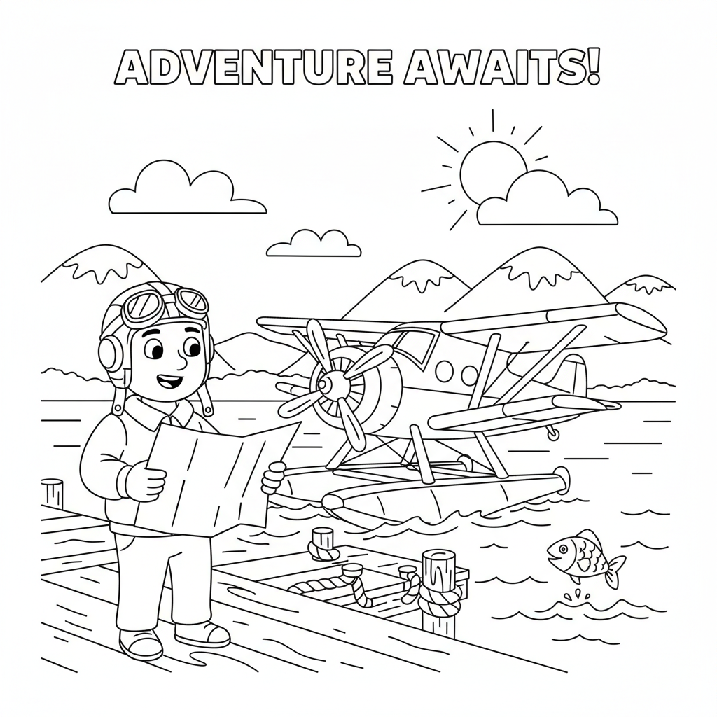 Seaplane pilot preparing for adventure on dock scene - Free Printable Coloring Page Seaplane pilot preparing for adventure on dock scene - Free Printable Coloring Page