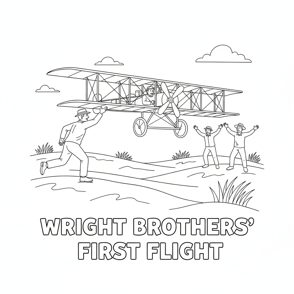 Wright brothers first flight at Kitty Hawk historic - Free Printable Coloring Page