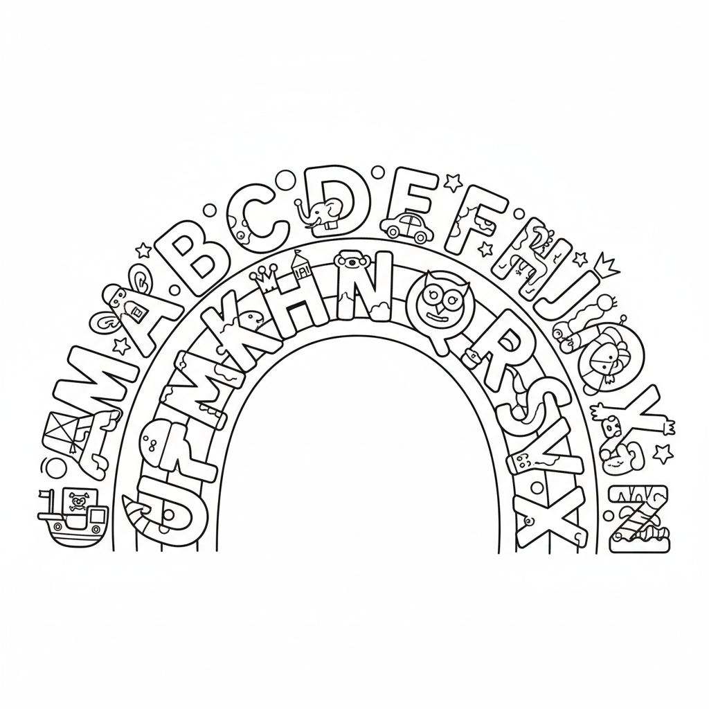 All 26 alphabet letters arranged in fun colorful arch - Free Printable Coloring Page