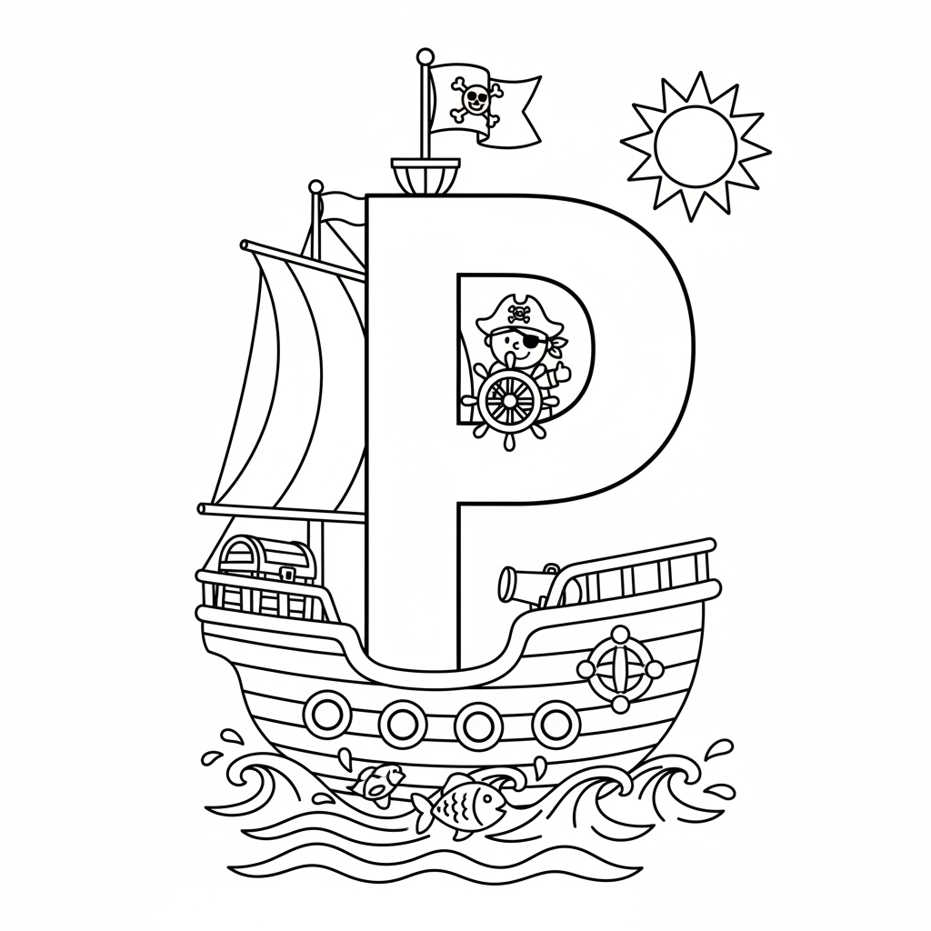 La lettre P représentée comme un bateau pirate naviguant sur l'océan - Coloriage gratuit à imprimer