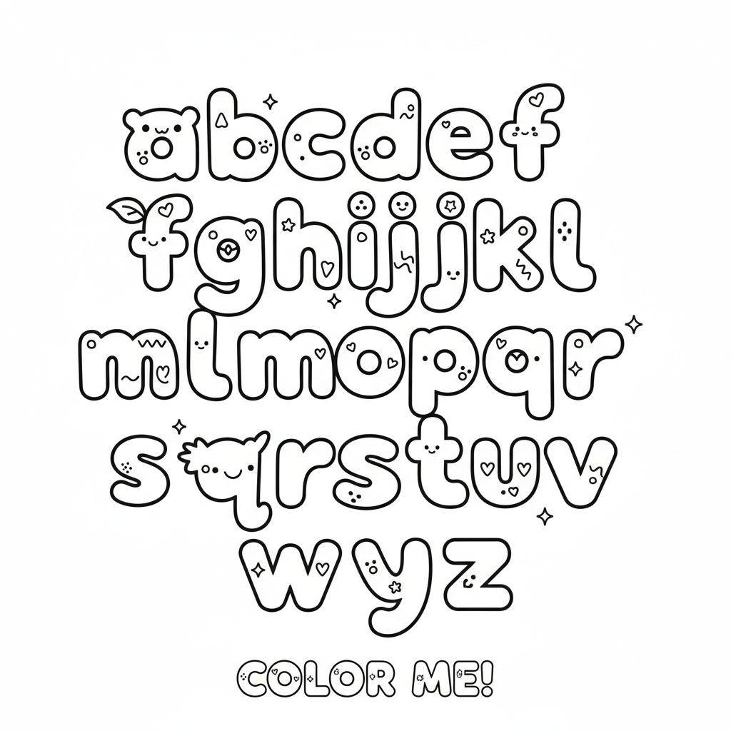 Lowercase alphabet letters in cute rounded kid friendly style - Free Printable Coloring Page