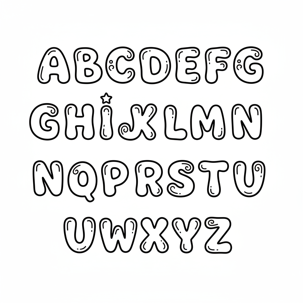 Uppercase A to Z in bubble letter style fun font - Free Printable Coloring Page