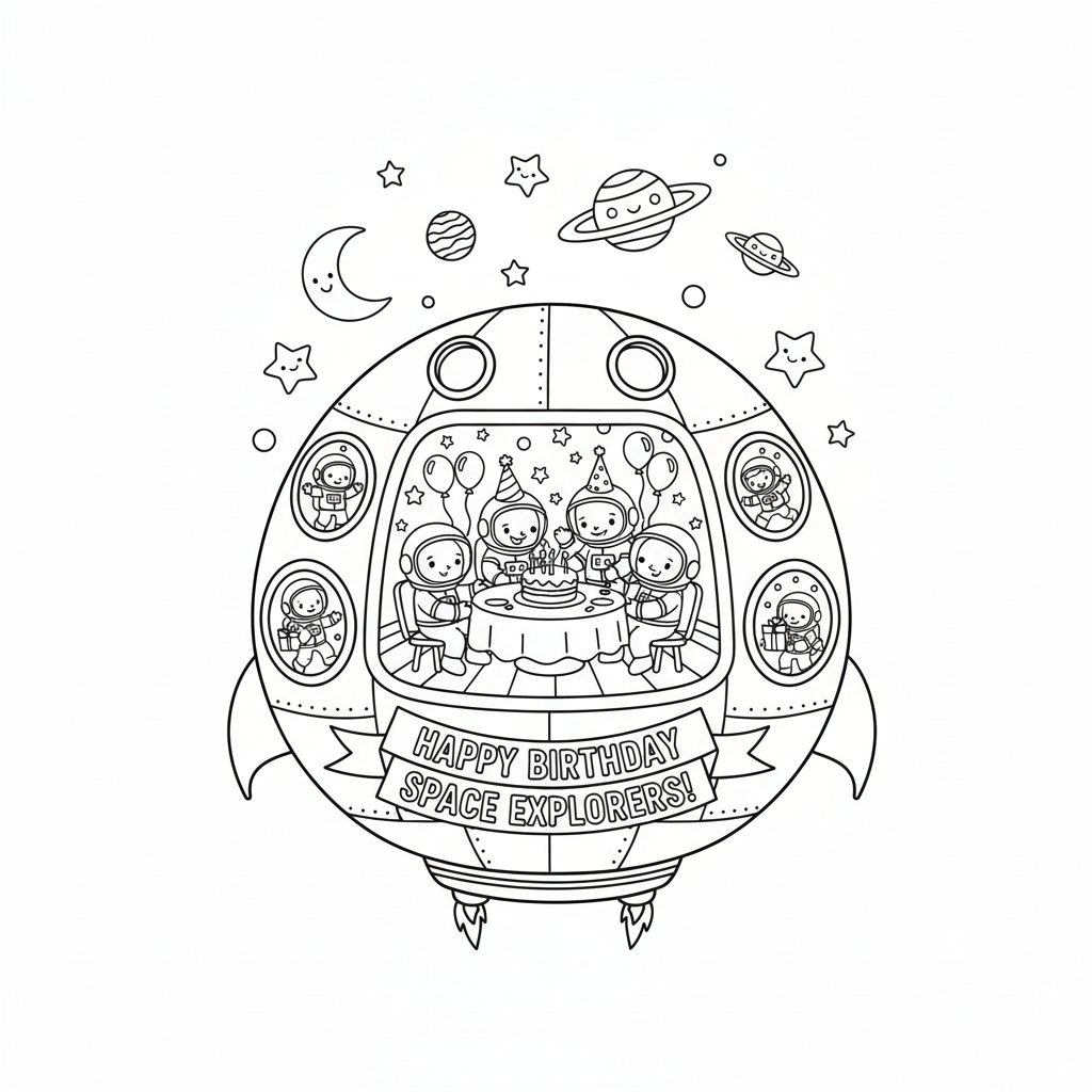 Una navicella spaziale per feste di compleanno di astronauti a forma di fagiolo - Free Printable Coloring Page Una navicella spaziale per feste di compleanno di astronauti a forma di fagiolo - Free Printable Coloring Page