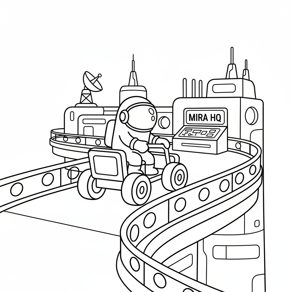 Un astronauta a forma di fagiolo che guida il carrello sulla piattaforma mira HQ - Disegno da colorare gratuito Un astronauta a forma di fagiolo che guida il carrello sulla piattaforma mira HQ - Disegno da colorare gratuito