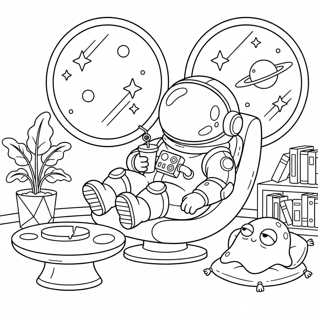Un astronauta a forma di fagiolo che si rilassa nell'area lounge dell'astronave - Free Printable Coloring Page Un astronauta a forma di fagiolo che si rilassa nell'area lounge dell'astronave - Free Printable Coloring Page