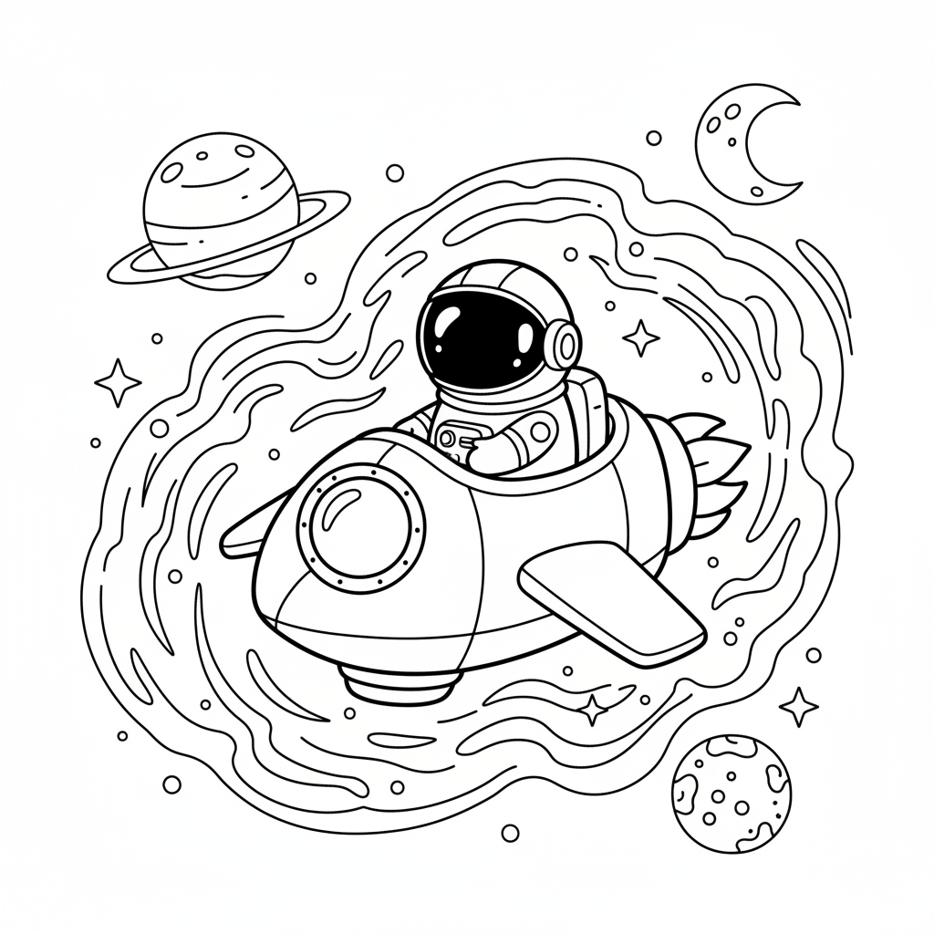 A bean-shaped astronaut steering spaceship through nebula - Free Printable Coloring Page