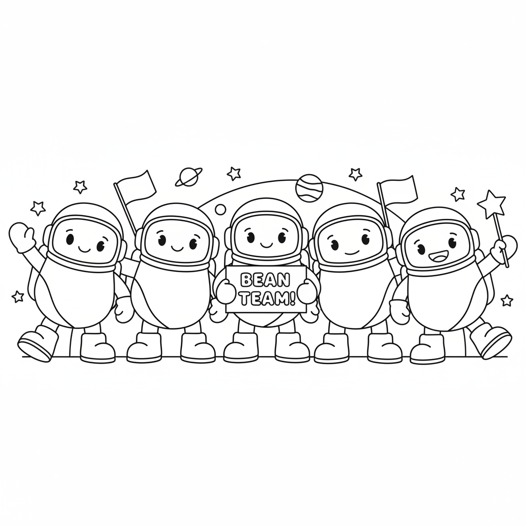 Astronauti colorati a forma di fagiolo schierati per la foto di gruppo - Free Printable Coloring Page Astronauti colorati a forma di fagiolo schierati per la foto di gruppo - Free Printable Coloring Page