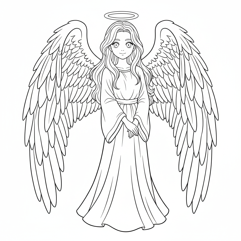 Anime angel girl with large detailed feathered wings and flowing robes - Free Printable Coloring Page Anime angel girl with large detailed feathered wings and flowing robes - Free Printable Coloring Page