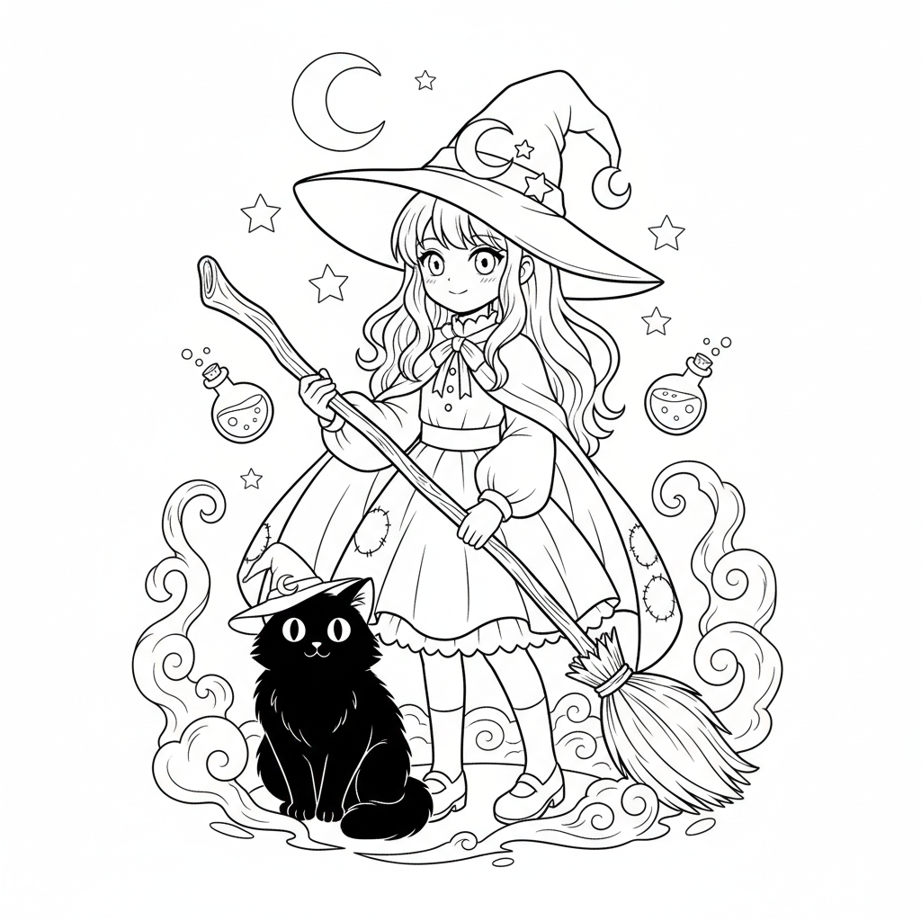 Anime girl as a witch with pointed hat broomstick and black cat familiar - Free Printable Coloring Page Anime girl as a witch with pointed hat broomstick and black cat familiar - Free Printable Coloring Page