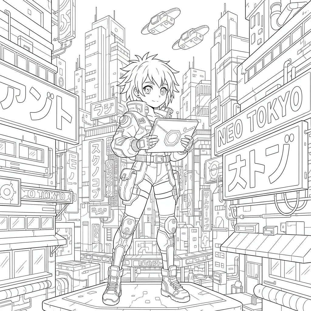 Anime-Mädchen in einer Cyberpunk-Stadtkulisse mit Neonreklamen und futuristischen Kleidungsdetails - Free Printable Coloring Page