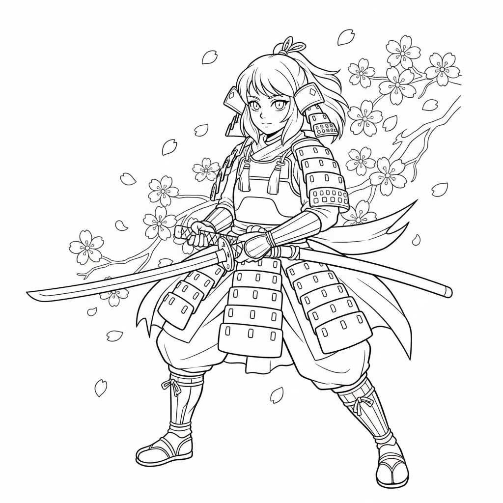 Anime-Mädchen in detailreicher Samurai-Rüstung mit Katana und fallenden Kirschblüten - Kostenloses druckbares Ausmalbild Anime-Mädchen in detailreicher Samurai-Rüstung mit Katana und fallenden Kirschblüten - Kostenloses druckbares Ausmalbild