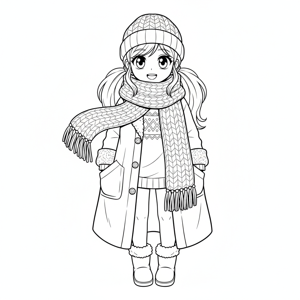 Anime-Mädchen in mehrlagiger Wintermode mit detaillierten Strickmustern an Schal und Mantel. - Kostenloses druckbares Ausmalbild
