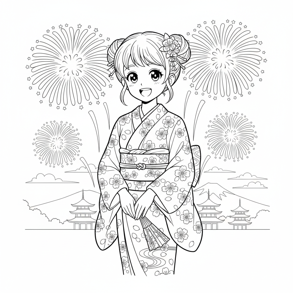 Anime girl in traditional Japanese festival yukata with fireworks in sky behind - Free Printable Coloring Page Anime girl in traditional Japanese festival yukata with fireworks in sky behind - Free Printable Coloring Page