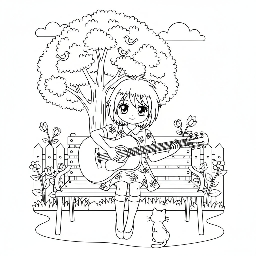 Anime girl playing acoustic guitar sitting on a park bench - Free Printable Coloring Page Anime girl playing acoustic guitar sitting on a park bench - Free Printable Coloring Page