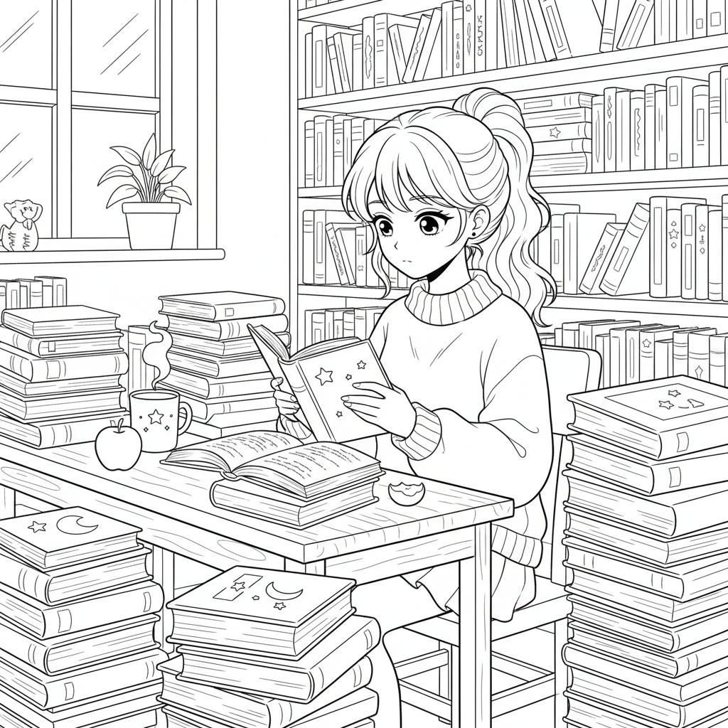 Anime girl studying at a desk surrounded by stacks of books - Free Printable Coloring Page Anime girl studying at a desk surrounded by stacks of books - Free Printable Coloring Page