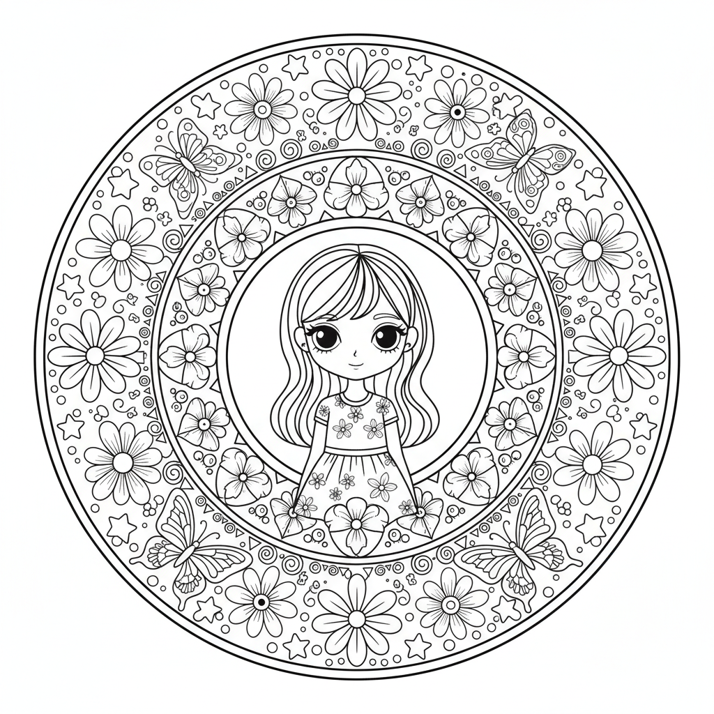 Anime-Mädchen umgeben von einem kunstvollen Mandala aus Blumen, Schmetterlingen und geometrischen Mustern - Free Printable Coloring Page
