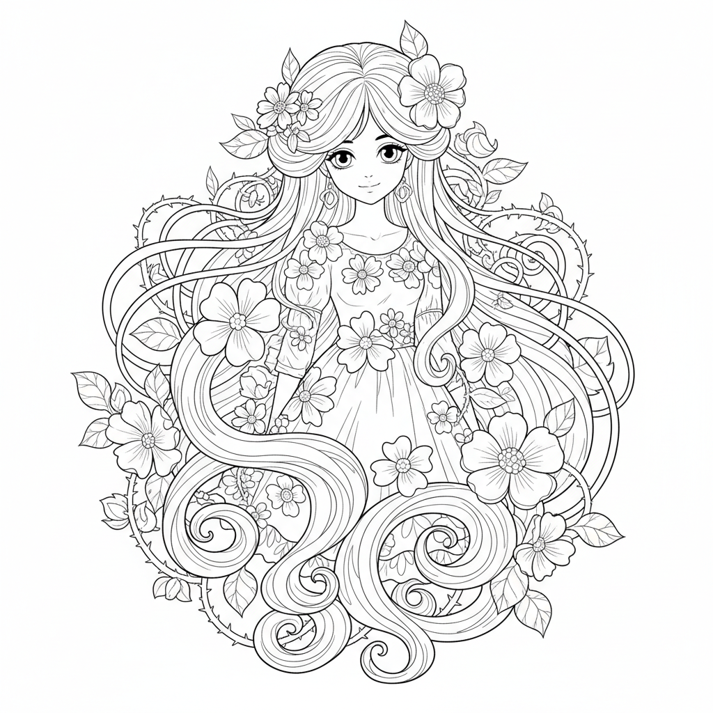 Anime-Mädchen mit extrem langem, detailliertem Haar, das fließend ist und sich mit Blumen und Ranken verwebt. - Free Printable Coloring Page