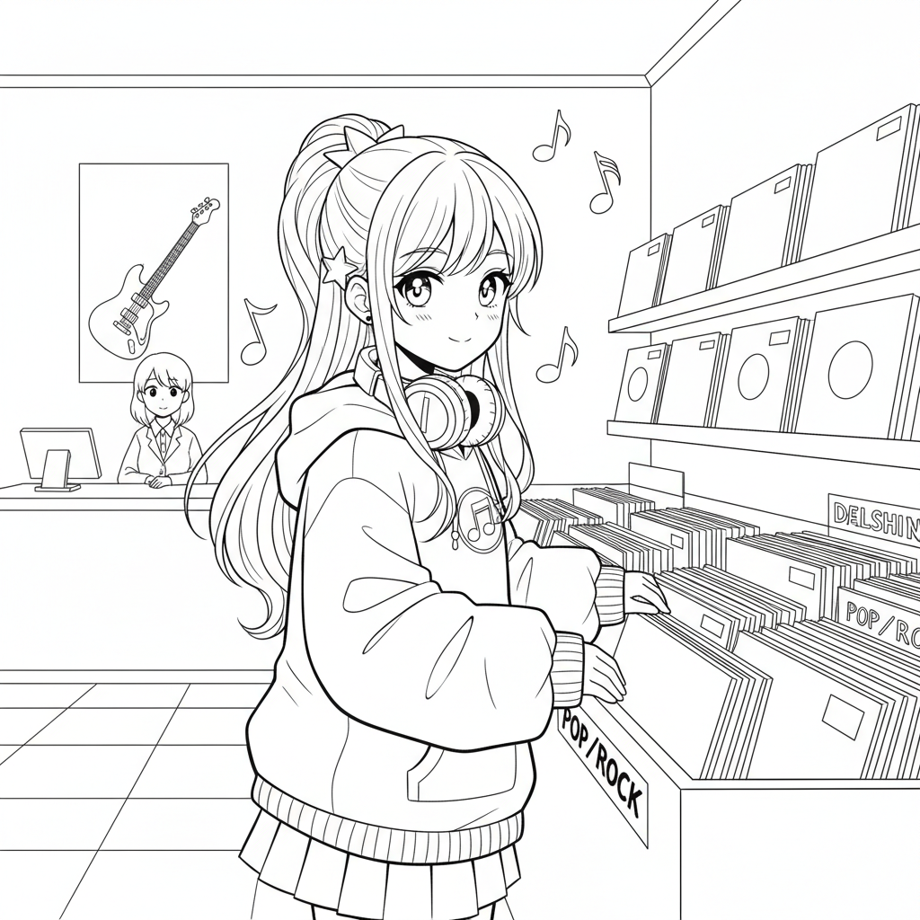 Anime girl with headphones around neck browsing records at a music shop - Free Printable Coloring Page Anime girl with headphones around neck browsing records at a music shop - Free Printable Coloring Page