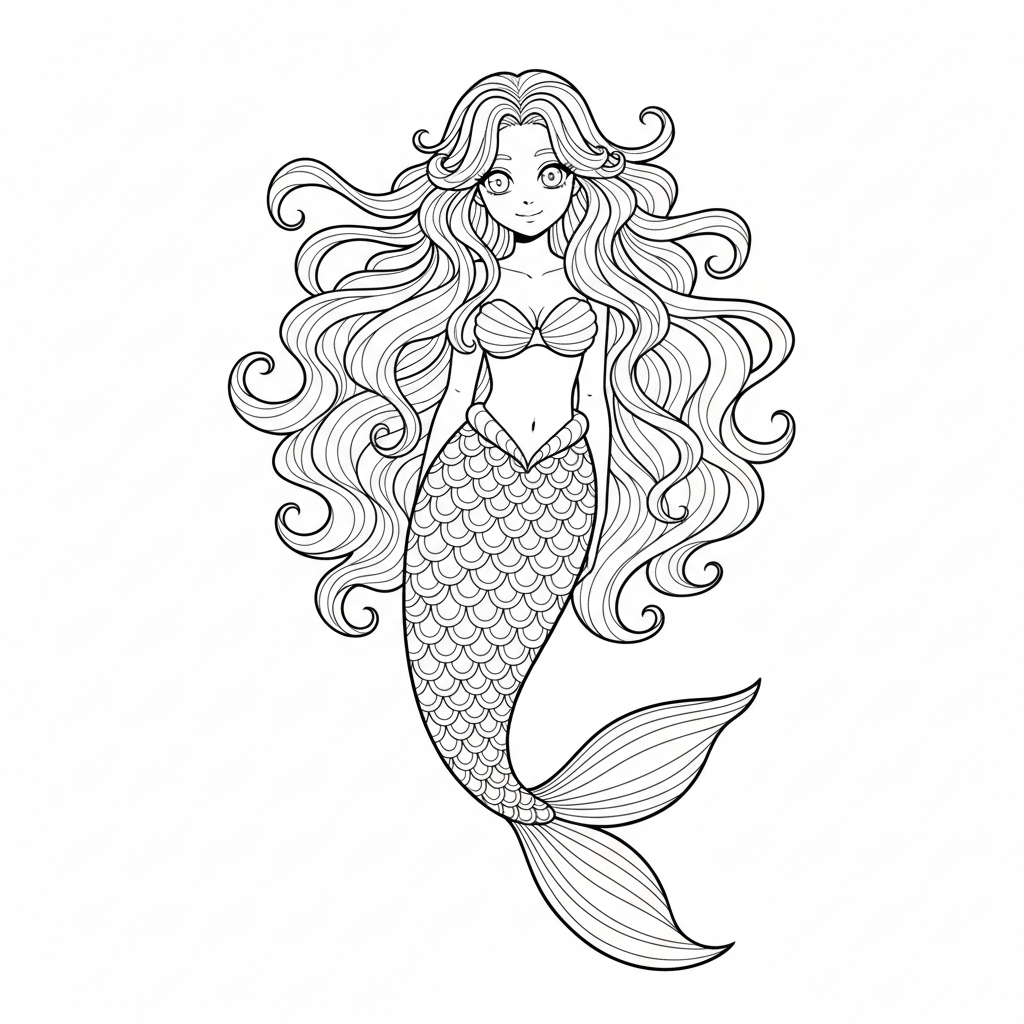 Anime mermaid girl with long flowing hair and detailed scale patterns on tail - Free Printable Coloring Page Anime mermaid girl with long flowing hair and detailed scale patterns on tail - Free Printable Coloring Page