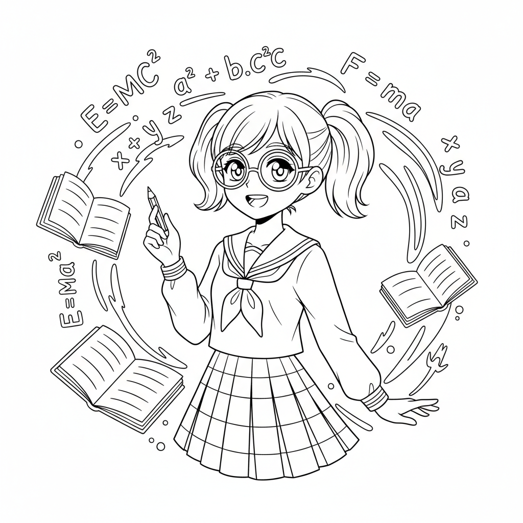 Anime school girl with glasses surrounded by floating mathematical equations and books - Free Printable Coloring Page Anime school girl with glasses surrounded by floating mathematical equations and books - Free Printable Coloring Page