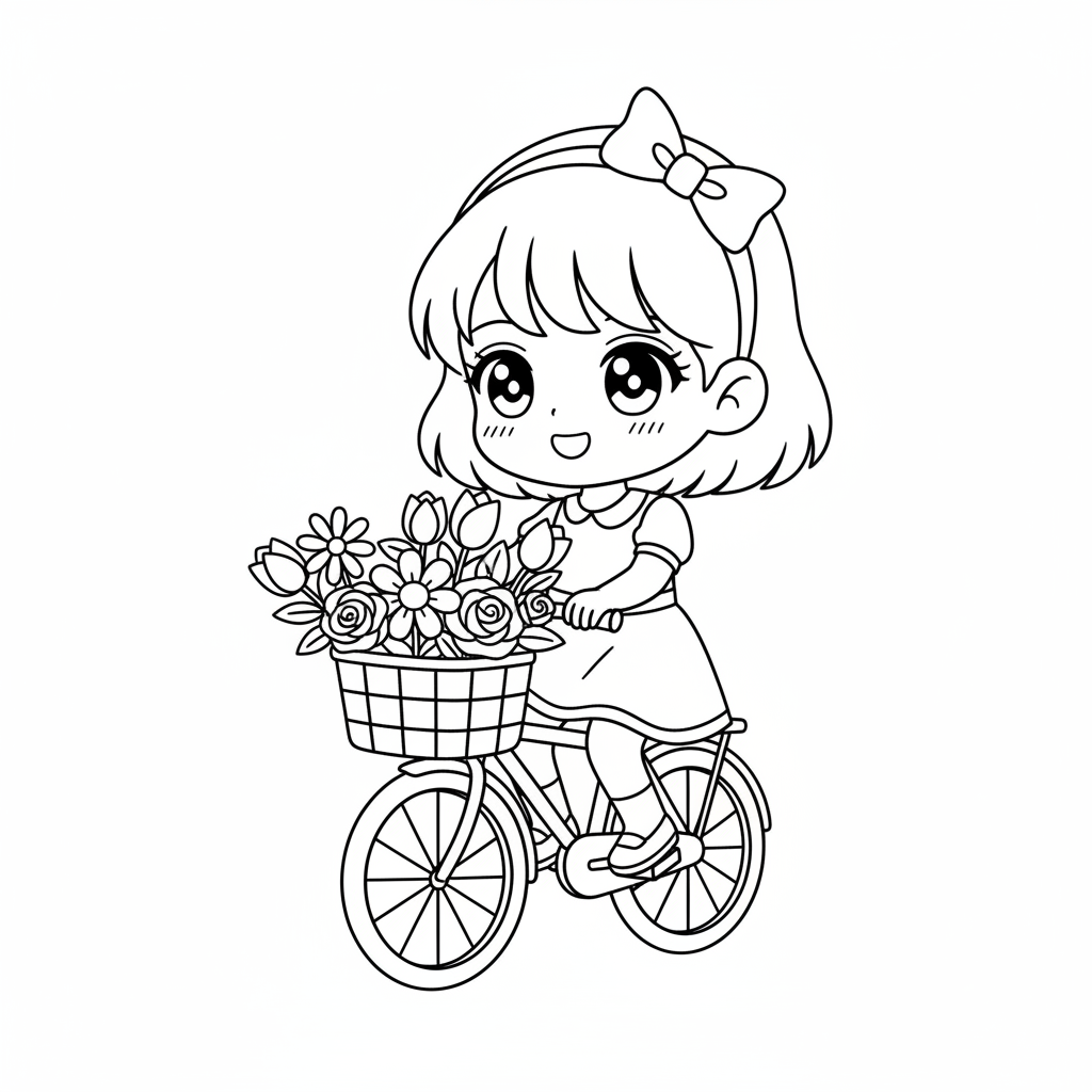 Chibi anime girl riding a bicycle with flowers in the basket - Free Printable Coloring Page Chibi anime girl riding a bicycle with flowers in the basket - Free Printable Coloring Page