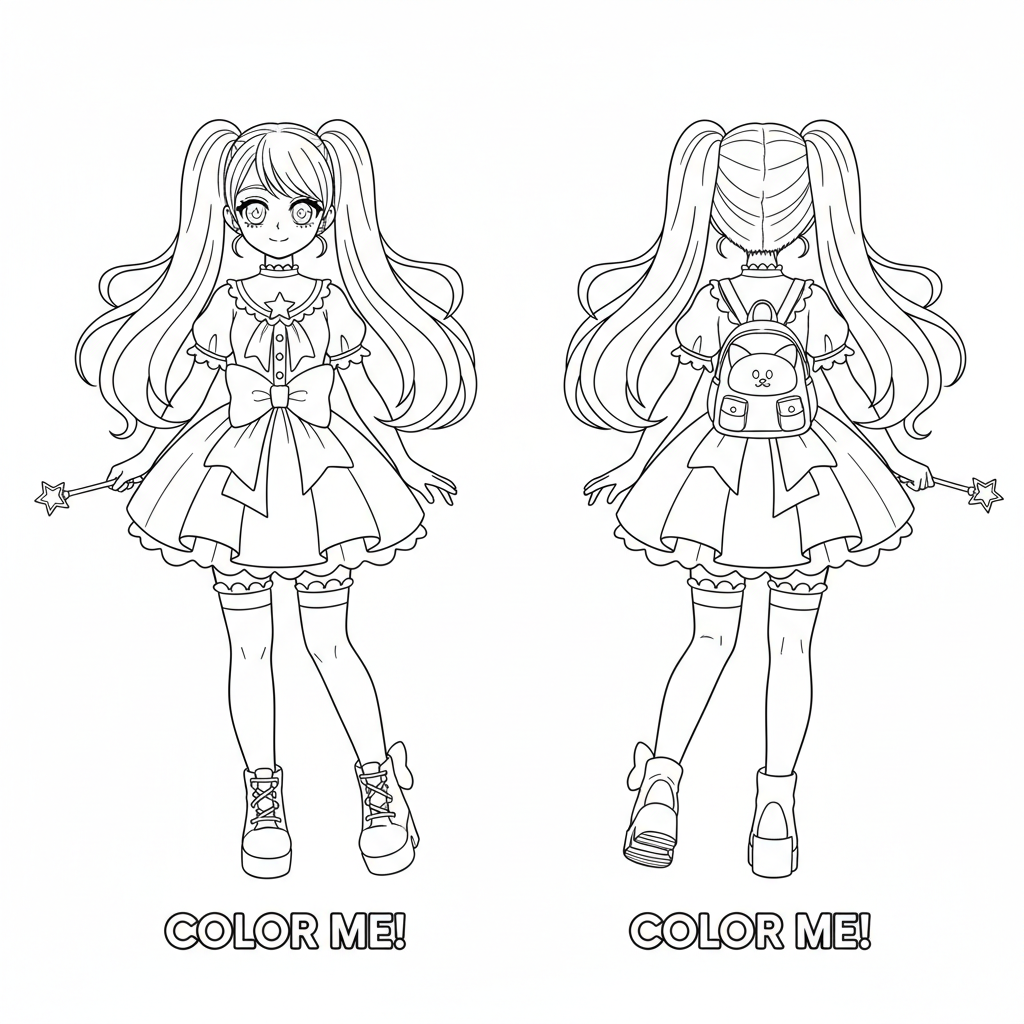 Charakterdesignbogen für ein Anime-Mädchen in voller Größe mit Vorder- und Rückansicht - Kostenloses druckbares Ausmalbild Charakterdesignbogen für ein Anime-Mädchen in voller Größe mit Vorder- und Rückansicht - Kostenloses druckbares Ausmalbild