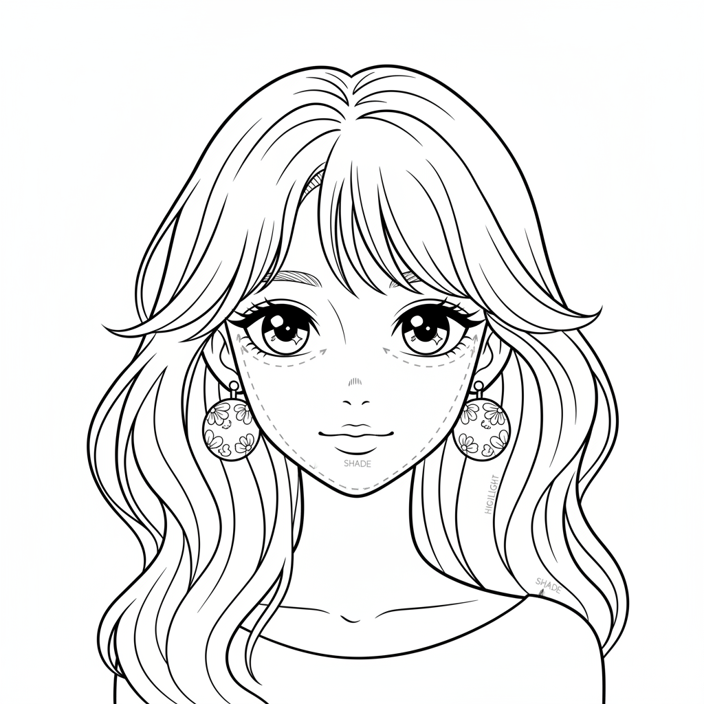Hochdetailliertes Anime-Mädchengesicht mit realistischen Schattierungslinien und Proportionen - Kostenloses druckbares Ausmalbild Hochdetailliertes Anime-Mädchengesicht mit realistischen Schattierungslinien und Proportionen - Kostenloses druckbares Ausmalbild