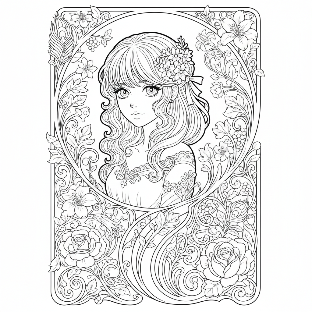 Verziertes Anime-Mädchenporträt in einem Jugendstilrahmen mit dekorativen floralen Bordüren - Free Printable Coloring Page