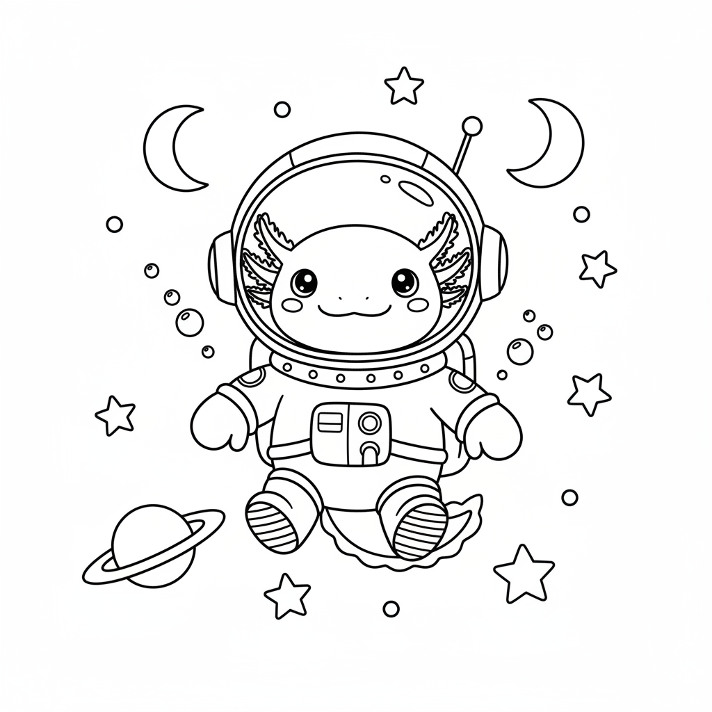 Axolotl astronaut in tiny space suit floating in space - Free Printable Coloring Page Axolotl astronaut in tiny space suit floating in space - Free Printable Coloring Page
