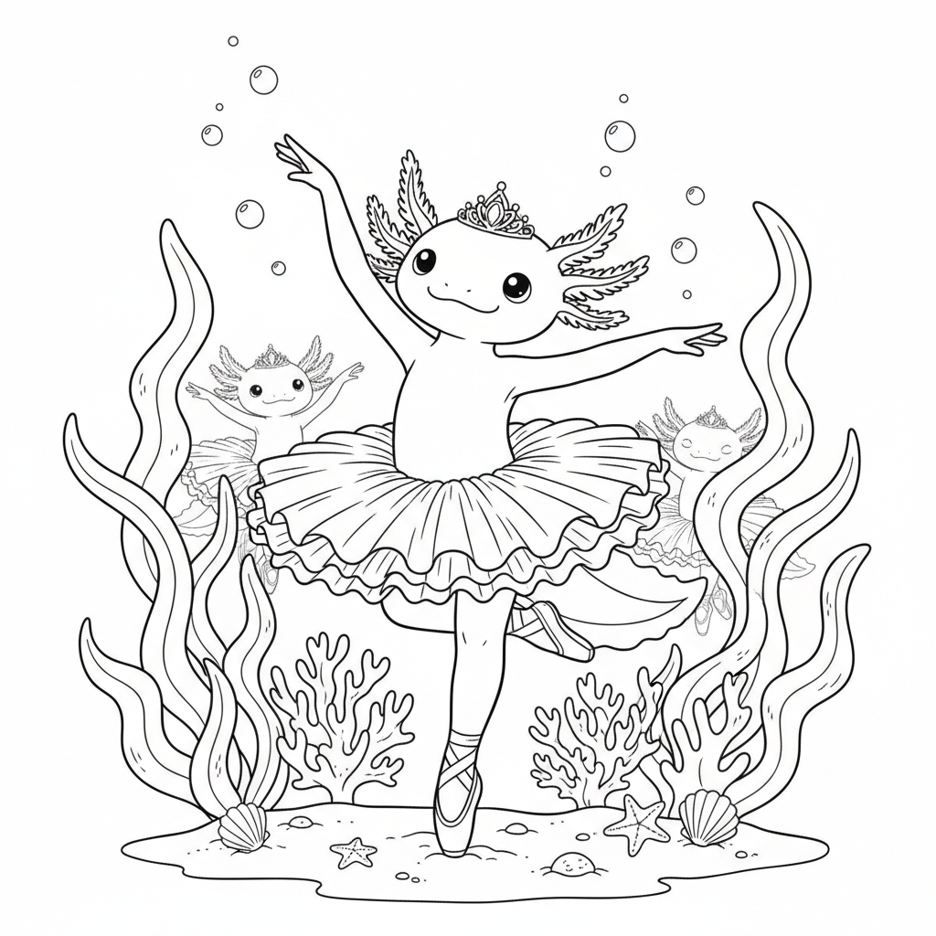 Axolotl ballerina dancing gracefully in underwater ballet - Free Printable Coloring Page