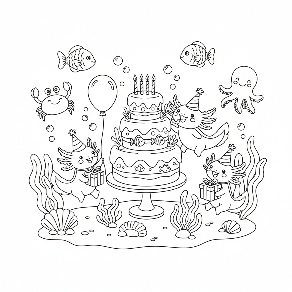 Axolotl birthday party with underwater cake and friends - Free Printable Coloring Page