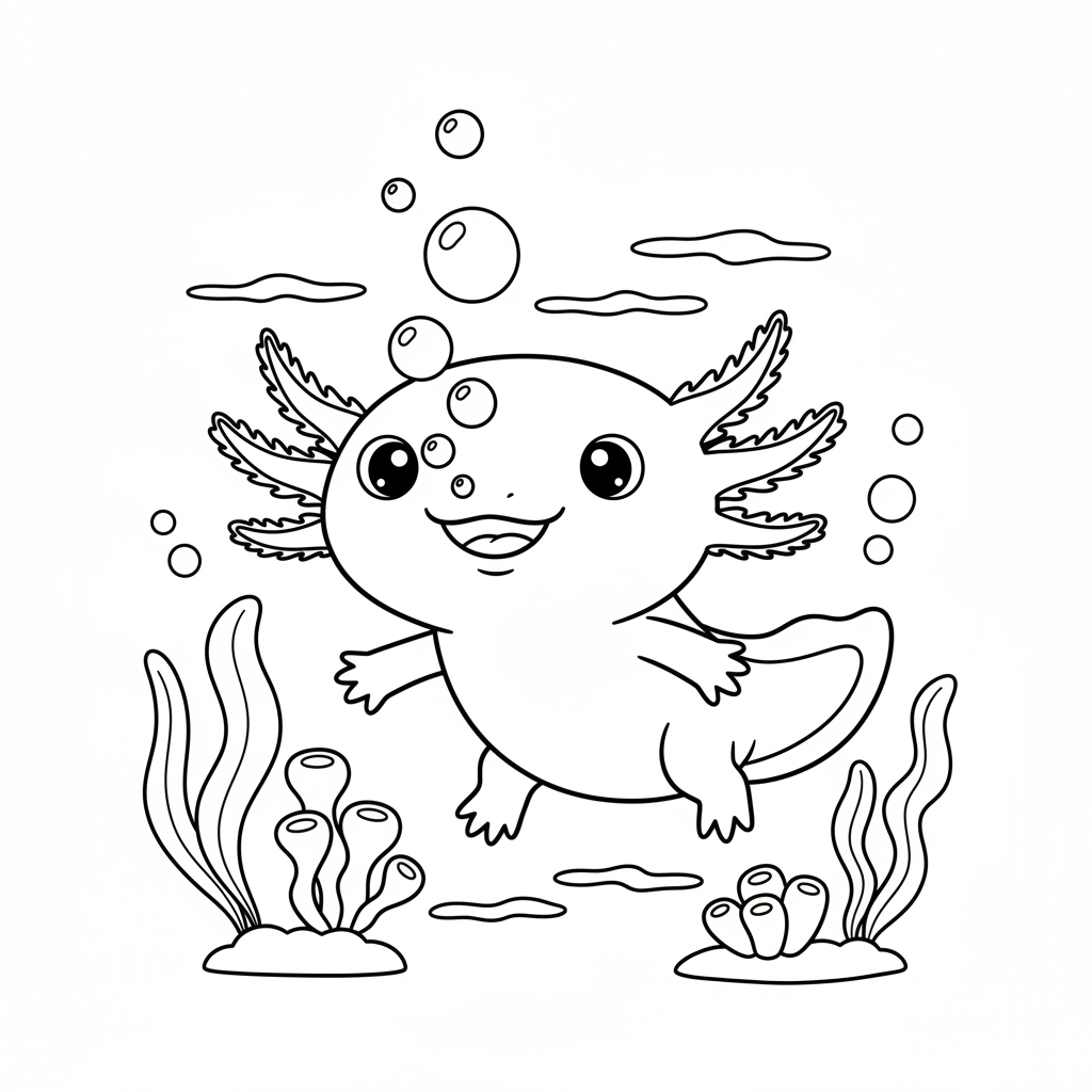 Axolotl blowing bubbles underwater playful and cute - Free Printable Coloring Page