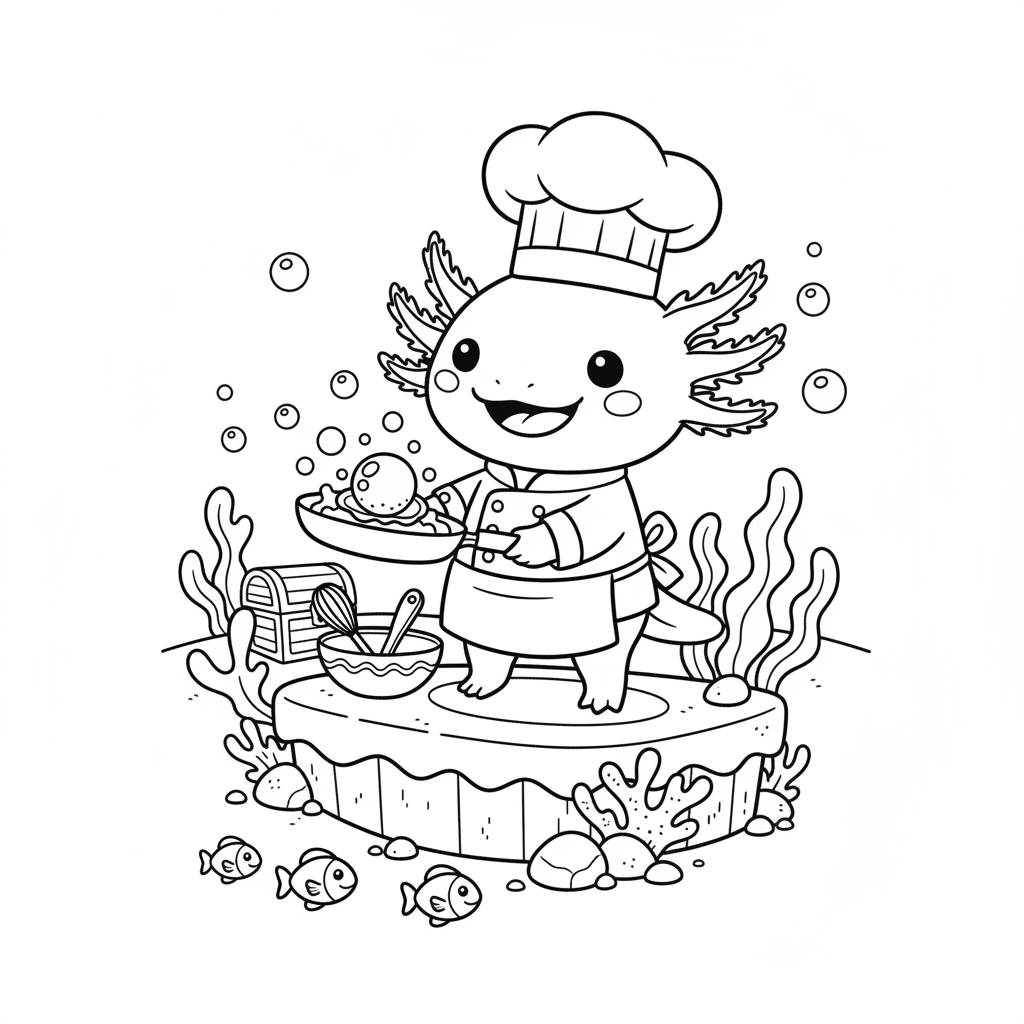 Axolotl chef wearing tiny chef hat cooking underwater - Free Printable Coloring Page Axolotl chef wearing tiny chef hat cooking underwater - Free Printable Coloring Page