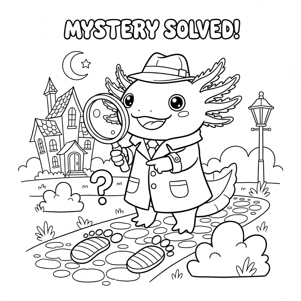 Axolotl detective with magnifying glass solving mystery - Free Printable Coloring Page Axolotl detective with magnifying glass solving mystery - Free Printable Coloring Page