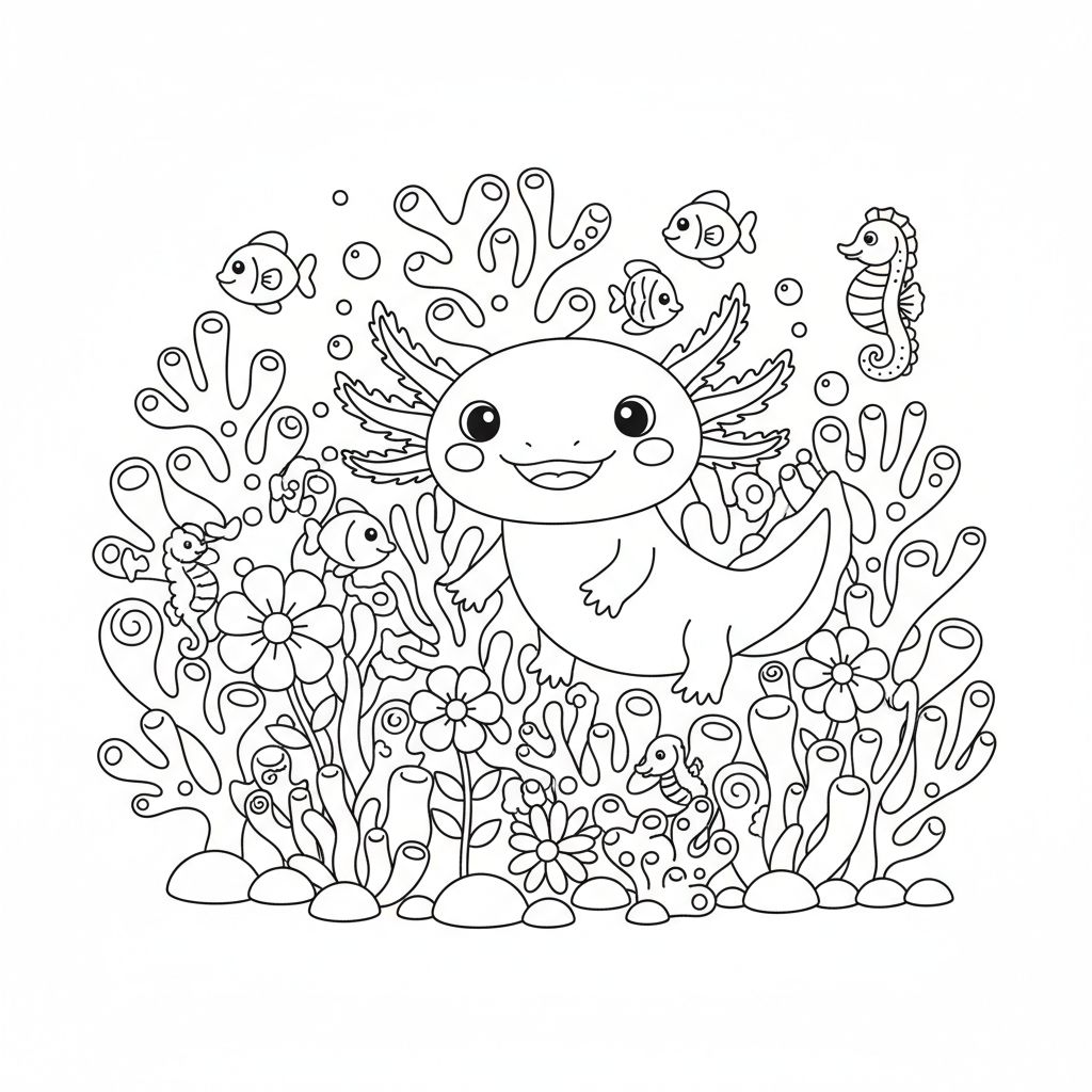Axolotl in a garden of underwater flowers and coral - Free Printable Coloring Page