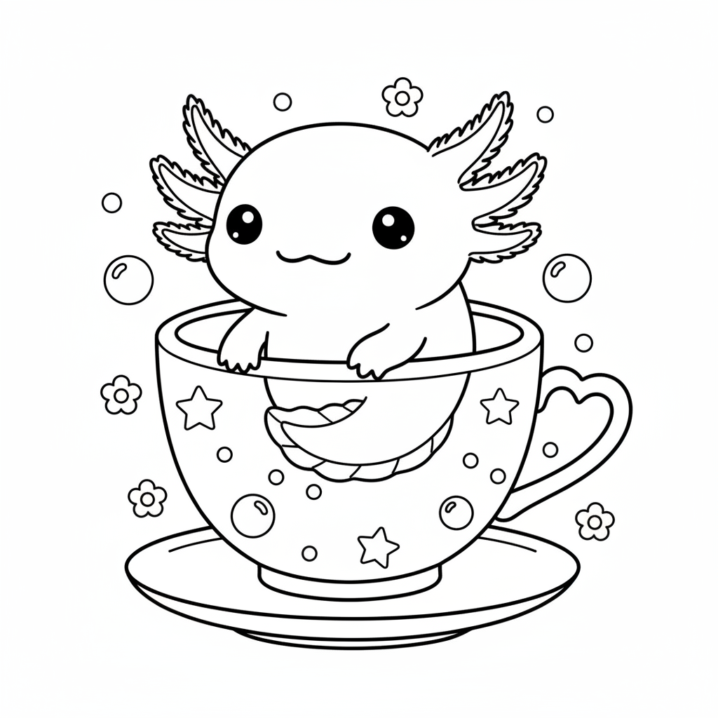 Axolotl in a teacup kawaii style adorable and tiny - Free Printable Coloring Page