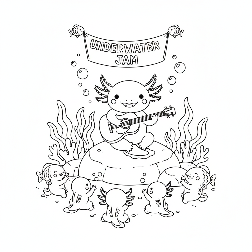 Axolotl musician playing tiny guitar underwater concert - Free Printable Coloring Page